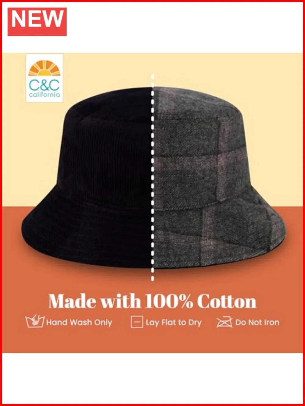 Reversible Corduroy & Plaid Bucket Hat, 100% Cotton Wide Brim Summer Hat, One
